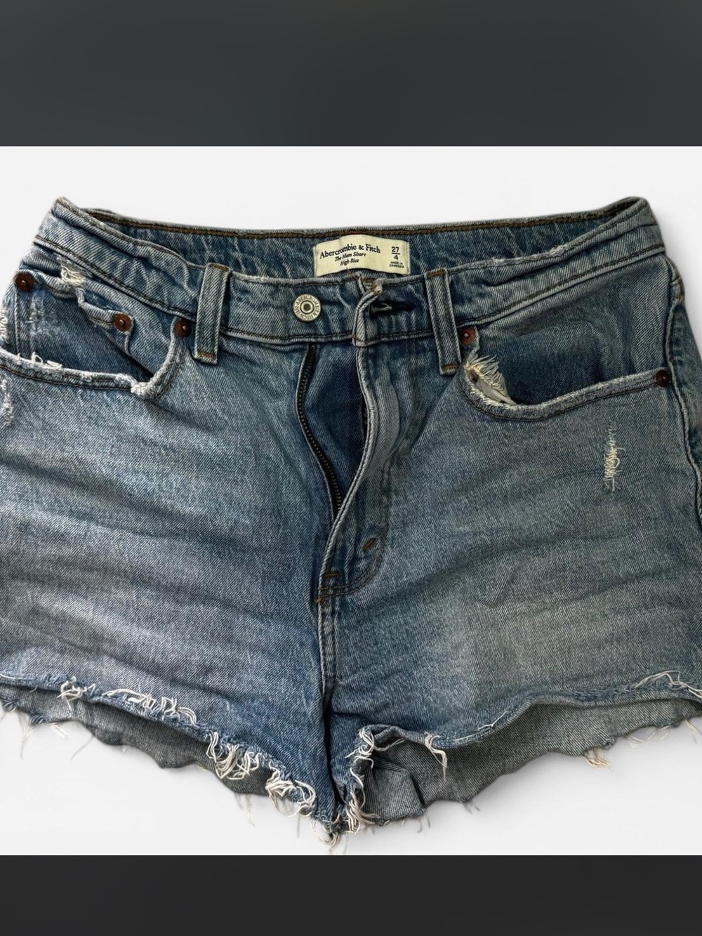Abercrombie & Fitch Frayed High-Rise Denim Shorts - Medium Blue Wash